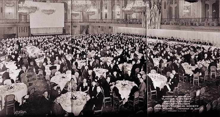 Banquet organized by the Chicago Section of the American Chemical Society in honor of Vladimir N. Ipatieff’s 70th birthday at the Stevens Hotel (now Chicago Hilton). Chicago, United States, November 26, 1937. Photos from the archive of the Institute for Sustainability and Energy at Northwestern. Evanston, Illinois, United States Banquet organized by the Chicago Section of the American Chemical Society in honor of Vladimir N. Ipatieff’s 70th birthday at the Stevens Hotel (now Chicago Hilton). Chicago, United States, November 26, 1937. Photos from the archive of the Institute for Sustainability and Energy at Northwestern. Evanston, Illinois, United States