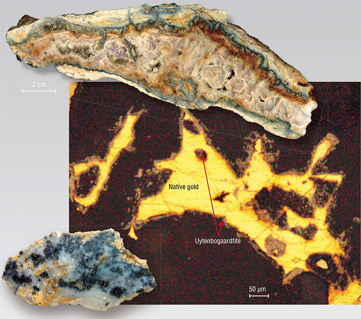 Aggregation of uytenbogaardtite and native gold is clearly seen in a polished section of an ore sample at large magnification. Top: the overall view of a quartz veinlet with dark ore mineral mottles. Yunoe deposit, Magadan oblast, Russia