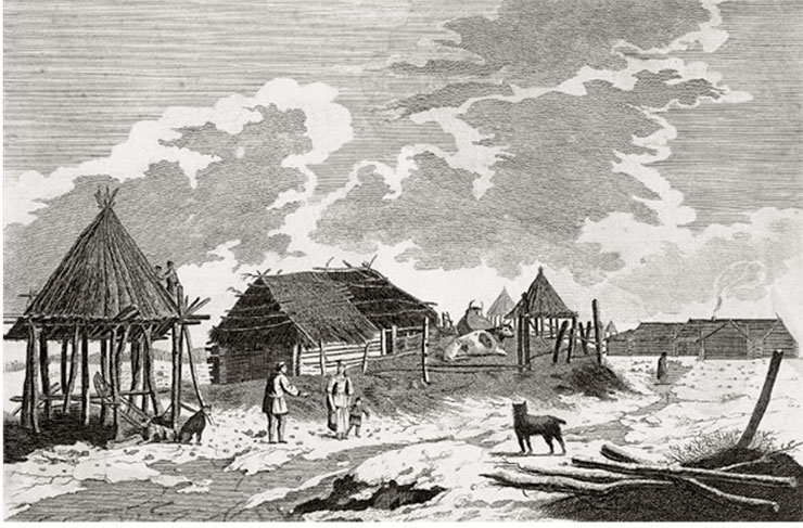 View of Bolsheretsk, the capital of Kamchatka in the 18th century. When Vitus Bering visited Bolsheretsk, he counted there 14 households of Russian settlers. Public Domain