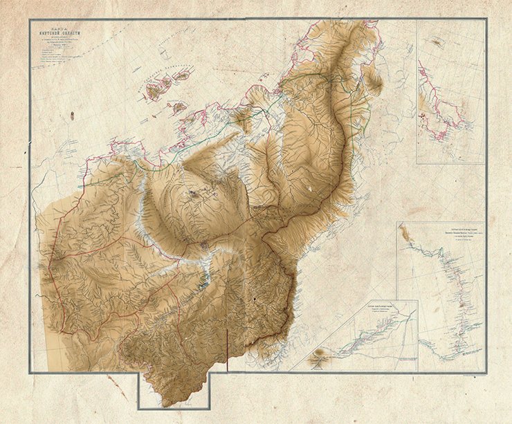 Map of the Yakutsk Oblast. Drawn and supplemented by G. Maidel in 1890 on the basis of Sheets III and IV of the map of Asian Russia (General Headquarters Publishers, St Petersburg, 1884). Scale: 1/4200000. St Petersburg: A. A. Ilyin’s Cartographic Company, after 1890. Archive of the Cartography Section of the Library of the Russian Academy of Sciences, St Petersburg Map of the Yakutsk Oblast. Drawn and supplemented by G. Maidel in 1890 on the basis of Sheets III and IV of the map of Asian Russia (General Headquarters Publishers, St Petersburg, 1884). Scale: 1/4200000. St Petersburg: A. A. Ilyin’s Cartographic Company, after 1890. Archive of the Cartography Section of the Library of the Russian Academy of Sciences, St Petersburg
