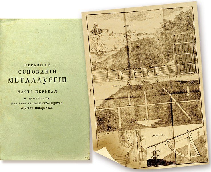 Титульный лист книги М. В. Ломоносова «Первыя основания металлургии, или рудных дел» (1763) и иллюстрация к ней. Российская национальная библиотека (Санкт-Петербург)
