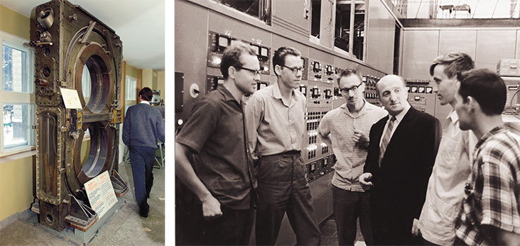 The first collider developed at the Institute of Nuclear Physics was the father of a series of pilot and industrial collider setups. V. Sidorov, I. Protopopov, S. Popov, G. I. Budker, A. Skrinsky, and V. Petrov in VEPP-4 control room