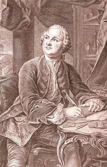 Портрет М. В. Ломоносова, опубликованный в его «Собрании разных сочинений в стихах и в прозе» (1757). Гравюра Х. А. Вортмана, Э. Фессара. По оригиналу Г. Г. И. фон Преннера. Российская национальная библиотека (Санкт-Петербург)