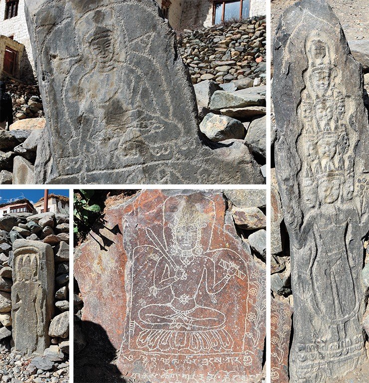 Plates with images of Buddhist deities: a deity wearing a crown and Manjushri with a sword and a book. Buddha (top left) and the eleven-headed Avalokiteshvara (right). The village of Konchet. Zanskar Plates with images of Buddhist deities: a deity wearing a crown and Manjushri with a sword and a book. Buddha (top left) and the eleven-headed Avalokiteshvara (right). The village of Konchet. Zanskar