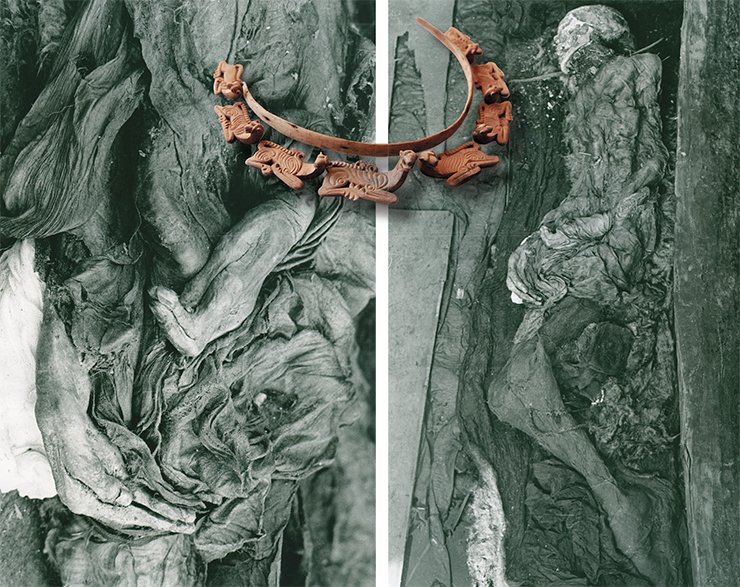 Fully robed - this is how the mummified body of the woman from kurgan 1 of the grave ground Ak-Alakha 3 came before the archaeologists. Around the dead woman’s neck was a wooden torque with winged leopards, remarkably beautiful and well-preserved (top). Photo by V. Mylnikov