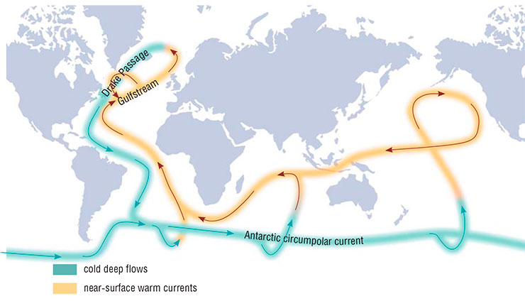 Interregional heat and mass transfer in the World ocean is carried out by the global oceanic “conveyer belt” of currents. Warm surface currents move from the tropics of the Pacific ocean to the Norwegian sea. There they cool off and subside and then, as subsurface currents of cool water, return to the Pacific ocean. According to: (Sarkisyan, Mathematic models…, 1980)