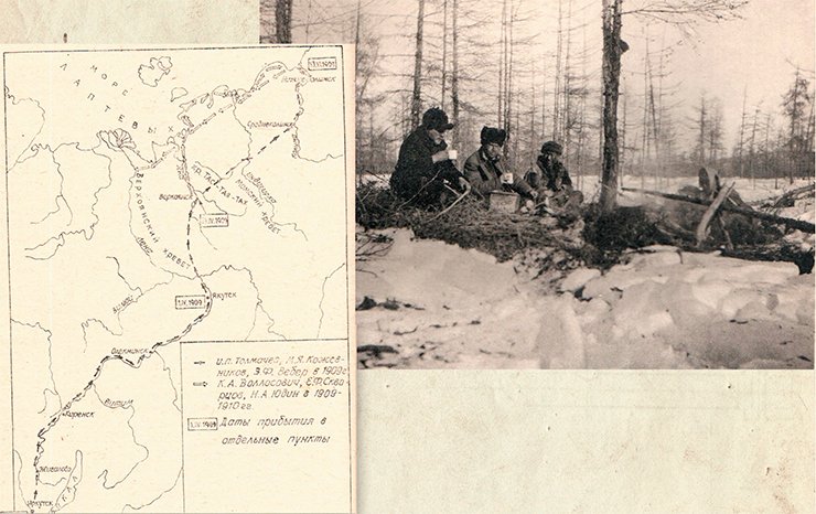 Left: routes of the parties of I. P. Tolmachoff and K. L. Vollosovich’s Lena-Chukotka expedition (from Irkutsk to the Kolyma estuary). From: Danilin Ye. L. To unbeknown lands. Krasnoyarsk, 1998. On right: along the Kolyma tract. A stopover (Sedov, Tolmachoff, a Yakut coachman). Photo by G. Sedov. From: (Tolmachoff, 1911) Left: routes of the parties of I. P. Tolmachoff and K. L. Vollosovich’s Lena-Chukotka expedition (from Irkutsk to the Kolyma estuary). From: Danilin Ye. L. To unbeknown lands. Krasnoyarsk, 1998. On right: along the Kolyma tract. A stopover (Sedov, Tolmachoff, a Yakut coachman). Photo by G. Sedov. From: (Tolmachoff, 1911)