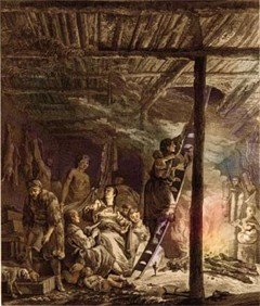 Внутренний вид жилища камчадалов. Рисунок XVIII века. Kracheninnikow S. Voyage en Siberia: La description du Kamtchatka. Т. II. Paris, 1768