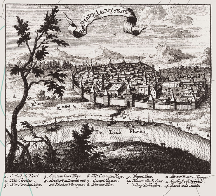 View of the town of Yakutsk. Engraving from the book Noord en Oost Tartarye (Northern and Eastern Tartaria) by N. Witsen (1692). Public Domain