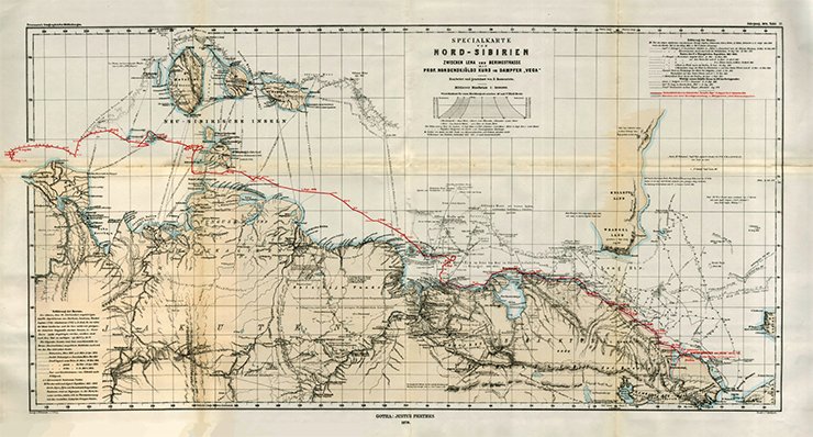 Map of Northern Siberia. The red line between the Lena River and the Bering Strait marks the route of the Vega expedition by Nils Adolf Erik Nordenskiöld. Bearb. und geseichnet B. Hassenstein. – 1: 3 000 000. – Gotha: J. Perthes, 1879. (Tafel 17). Library of the Russian Academy of Sciences, St. Petersburg Map of Northern Siberia. The red line between the Lena River and the Bering Strait marks the route of the Vega expedition by Nils Adolf Erik Nordenskiöld. Bearb. und geseichnet B. Hassenstein. – 1: 3 000 000. – Gotha: J. Perthes, 1879. (Tafel 17). Library of the Russian Academy of Sciences, St. Petersburg
