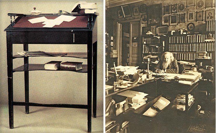 Конторка, за которой работал Д. И. Менделеев (слева). Д. И. Менделеев в своем кабинете в Главной палате мер и весов (Санкт- Петербург). Фото Ф. И. Блюмбаха. 1900-ые гг. Музей-архив Д. И. Менделеева СПбГУ