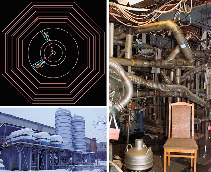 Real experimental event “caught” by the detector. Result of collision of two electron beams: e+e⁻->τ+τ⁻. Next, one τ-lepton breaks up into an electron and two neutrinos, and the second into a muon and two neutrinos (top left). Imposing outside storages of the LKr-calorimeter: KEDR experiments use a huge amount of liquid krypton — 27 tons! Real experimental event “caught” by the detector. Result of collision of two electron beams: e+e⁻->τ+τ⁻. Next, one τ-lepton breaks up into an electron and two neutrinos, and the second into a muon and two neutrinos (top left). Imposing outside storages of the LKr-calorimeter: KEDR experiments use a huge amount of liquid krypton — 27 tons!