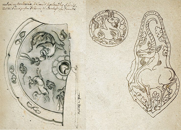 Left: fragment of a mirror depicting a Phoenix and a kylin – a magnificent sample of the Tang art, 618—907 AD. The mirror was discovered by the well-known Russian scholar D. G. Messerschmidt but then lost, and only the drawing made in early 18th c. has survived. Apart from the Phoenix and kylin, the mirror shows the so-called “precious clouds” (baoyun) inserted in the ornament to emphasize the well-wishing (Lubo-Lesnichenko, 1975). These clouds can be seen in the depictions of the unicorns found at the Gol Mod necropolis. On right: Silver plates which are horse harness adornments from the Khunnu necropolis of Gol Mod, Mongolia. Drawings. Excavations by the French-Mongolian expedition, 2002—2005 Left: fragment of a mirror depicting a Phoenix and a kylin – a magnificent sample of the Tang art, 618—907 AD. The mirror was discovered by the well-known Russian scholar D. G. Messerschmidt but then lost, and only the drawing made in early 18th c. has survived. Apart from the Phoenix and kylin, the mirror shows the so-called “precious clouds” (baoyun) inserted in the ornament to emphasize the well-wishing (Lubo-Lesnichenko, 1975). These clouds can be seen in the depictions of the unicorns found at the Gol Mod necropolis. On right: Silver plates which are horse harness adornments from the Khunnu necropolis of Gol Mod, Mongolia. Drawings. Excavations by the French-Mongolian expedition, 2002—2005