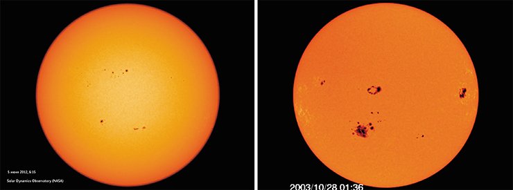 Справа: солнце в белом свете 5 июня 2012 г. Фото: Solar Dynamics Observatory, NASA. Слева: вокруг пятен на Солнце имеются светлые прожилки, особенно заметные ближе к лимбу. Фото сделано в видимом диапазоне 28 октября 2003 г. Credit: SOHO (ESA, NASA) Справа: солнце в белом свете 5 июня 2012 г. Фото: Solar Dynamics Observatory, NASA. Слева: вокруг пятен на Солнце имеются светлые прожилки, особенно заметные ближе к лимбу. Фото сделано в видимом диапазоне 28 октября 2003 г. Credit: SOHO (ESA, NASA)