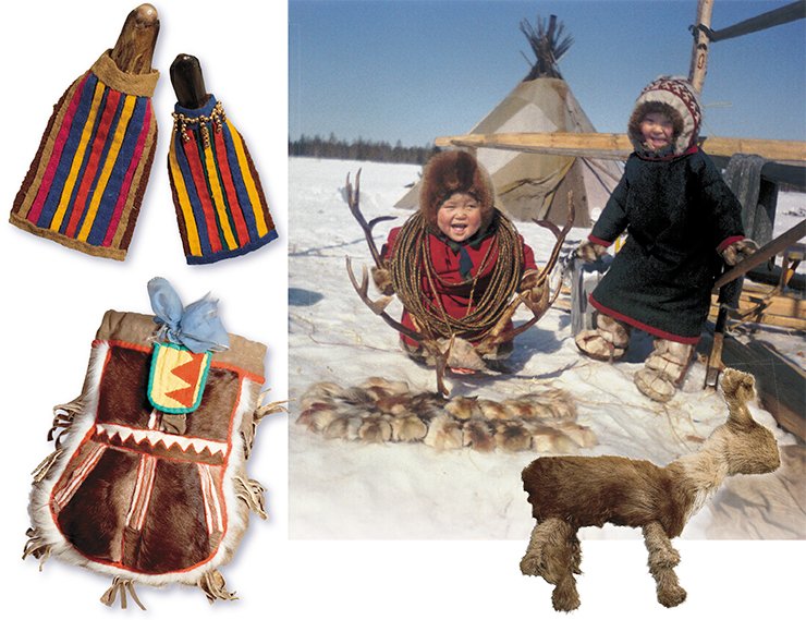 Traditional dolls made of a bird’s beaks (top, left). Reindeer game (right). The Niby-Yakha camp. Children’s needlework bag (bottom, left). Fur toy (a reindeer calf) Traditional dolls made of a bird’s beaks (top, left). Reindeer game (right). The Niby-Yakha camp. Children’s needlework bag (bottom, left). Fur toy (a reindeer calf)