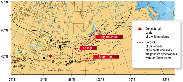 Ore-igneous systems associated with the Early Permian Siberian (top) and Tarim (bottom) mantle plumes. Red square curves indicate the regions of batholith and alkali magmatism synchronous with the Tarim plume. According to (Kuzmin, Yarmolyuk, 2011) 