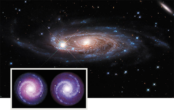 Top: Rubin’s spiral galaxy, one of the largest known galaxies to date, stretches 2.5 times wider than the Milky Way and contains an order of magnitude more stars. © CC BY 2.0/ NASA, ESA, and B. Holwerda (University of Louisville). Left: Schematic concept of massive star-forming rotating disk galaxies in the early Universe (left) and today (right). In the early Universe, these galaxies were less affected by dark matter as it was less concentrated. As a result, the outer parts of distant galaxies rotate more slowly than comparable regions of galaxies in the local Universe. © CC BY4.0/ESO/L. Calçada Top: Rubin’s spiral galaxy, one of the largest known galaxies to date, stretches 2.5 times wider than the Milky Way and contains an order of magnitude more stars. © CC BY 2.0/ NASA, ESA, and B. Holwerda (University of Louisville). Left: Schematic concept of massive star-forming rotating disk galaxies in the early Universe (left) and today (right). In the early Universe, these galaxies were less affected by dark matter as it was less concentrated. As a result, the outer parts of distant galaxies rotate more slowly than comparable regions of galaxies in the local Universe. © CC BY4.0/ESO/L. Calçada