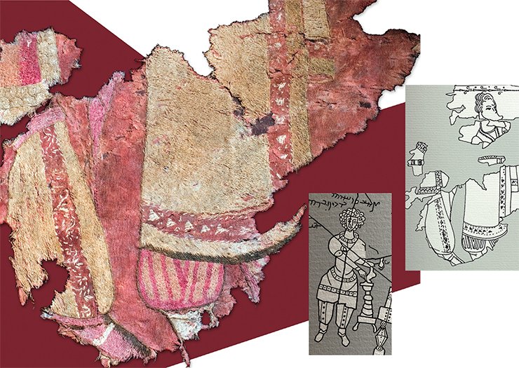 One of the men is wearing a short jacket, and the other has a long kaftan on.  The long trousers are folded at the ankle.  The trousers of one of the men are decorated with long vertical ornamental stripes (right), typically Iranian fixings of trousers beginning with the Achaemenid times.  This decoration became especially popular in the Parthian outfit, as can be seen from the sculptures, paintings, and graphics found in Parthian towns (in the center is the drawing on the clay pot from Ashur). On the other hand, male trousers decorated in this manner were known on the other side of the ecumene, in Xinjiang: they were discovered in a grave of the Djumbulak Kumburial burial ground and are dated by the 5th c. BC. (left; K. Deben-Frankfort excavations, Sciences et Avenir, Mai, 2008)