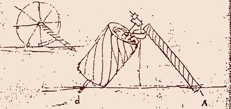 Сцепка из двух винтов Архимеда – одна из схем, предложенных, а затем отвергнутых Леонардо в ходе многолетних попыток создать вечный двигатель Сцепка из двух винтов Архимеда – одна из схем, предложенных, а затем отвергнутых Леонардо в ходе многолетних попыток создать вечный двигатель