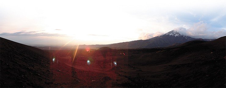 The Tolbachik valley is located in the Central Kamchatkan depression. In the north, it borders two large volcanoes – Ploskiy Tolbachik (Flat Tolbachik) and Ostryi Tolbachik (Pointed Tolbachik), which formed during the Pleistocene. The lava covering of the valley erupted through numerous vents fixed by cinder cones