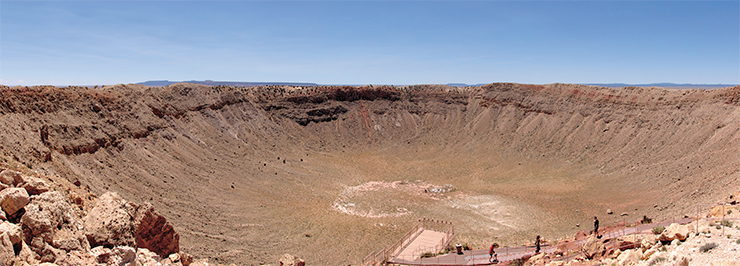 The Barringer Crater (or Arizona Crater) in Arizona with a diameter of 1200 m and a depth of 180 m was created by a relatively small, 50-m iron meteorite, which fell here about 50,000 years ago. © Ivy Mike