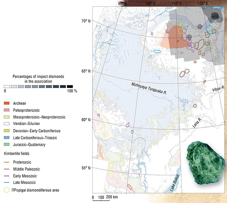 A prominent excursion in the distribution of impact diamonds over the Siberian Craton is noted in the lower reaches of Lena. It points to not so much large clusters of diamonds as the absence of crystals of other types. The longest distance between yakutite finding localities and their provenance, the Popigai crater, exceeds 500 km