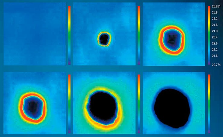 When a water drop is absorbed by a dry fabric (in the case considered, coarse calico), an interesting phenomenon is observed: a halo is formed around the drop, and the halo temperature is higher by almost 6 °С. This effect has to be studied and should be taken into account for the development of clothes and underwear to be used in sport and medicine. Photo by A. E. Nastov’yak (Rzhanov Institute of Semiconductor Physics SB RAS) 