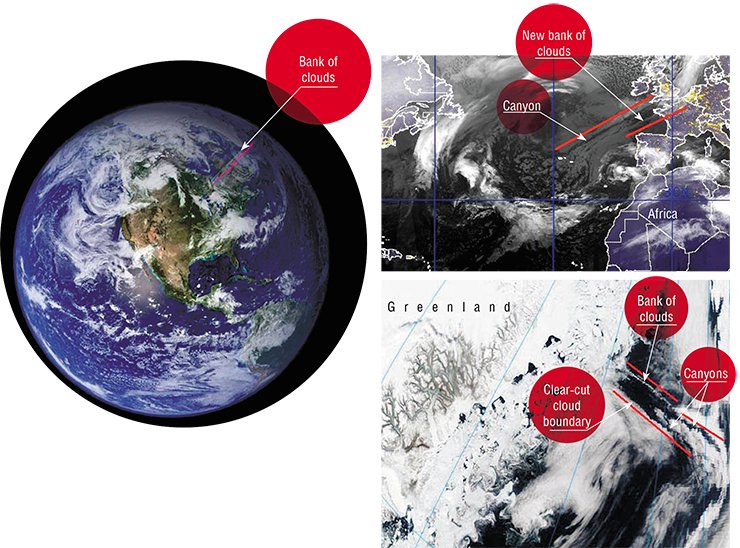 A bank of clouds spread over the North Atlantic: from the Newfoundland Peninsula to the Baltics (on the left). On March 9, 2011, a canyon 3,000 km long formed parallel to this bank length. Another bank of clouds appeared over the Bay of Biscay (to the right). The photos taken from satellite at a geostationary orbit (NASA/GSFC, Rapid Response) and from satellite MultiSat (Naval Research Laboratory, Marine Meteorology Division, Monterey, CA). Bottom: over different parts of a fault on the North Atlantic bottom near the seashore of Greenland, linear anomalies of all known types appeared simultaneously: the bank of clouds turning into a canyon and a clear-cut cloud boundary located to the south finishes with a canyon. Photo NASA/GSFC, Rapid Response, May 18, 2005 A bank of clouds spread over the North Atlantic: from the Newfoundland Peninsula to the Baltics (on the left). On March 9, 2011, a canyon 3,000 km long formed parallel to this bank length. Another bank of clouds appeared over the Bay of Biscay (to the right). The photos taken from satellite at a geostationary orbit (NASA/GSFC, Rapid Response) and from satellite MultiSat (Naval Research Laboratory, Marine Meteorology Division, Monterey, CA). Bottom: over different parts of a fault on the North Atlantic bottom near the seashore of Greenland, linear anomalies of all known types appeared simultaneously: the bank of clouds turning into a canyon and a clear-cut cloud boundary located to the south finishes with a canyon. Photo NASA/GSFC, Rapid Response, May 18, 2005