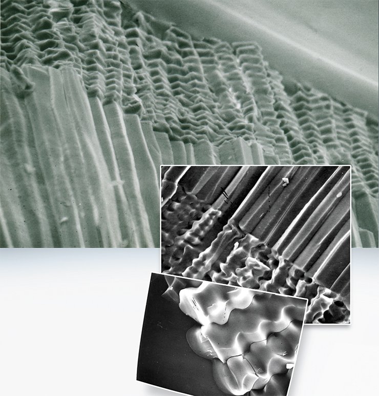In lithium chloride-nitrate melts we managed to implement mixed modes, both chaotic and ordered, of the ion exchange in silicate glass. The character of this solid-phase reaction depends on the ratio of chlorides and nitrates in the solution. In the photo: a cut of a glass plate that was first placed into a chloride melt which was subsequently replaced with a mixed one (with 1: 4 molar ratio of chlorides to nitrates). It is clearly visible that regular hexagonal columns are replaced with a ribbed structure after the melt composition was changed