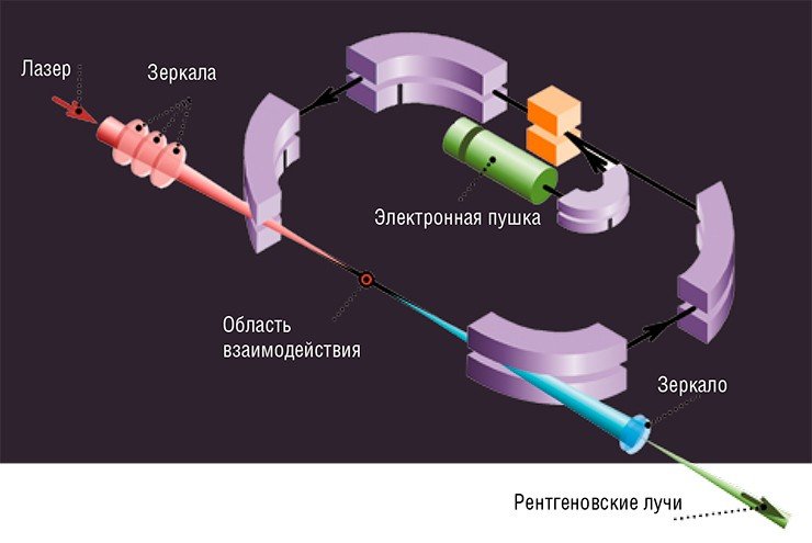Создатели квантовой физики называли «игрой в биллиард фотонами и электронами» эффект Комптона, суть которого состоит в упругом рассеивании электромагнитного излучения на свободном электроне. На основе этого эффекта создаются компактные источники рентгеновского излучения: столкновение лазерных фотонов с пучком электронов приводит к их отражению со значительным увеличением их энергии.На схеме – принципиальное устройство комптоновского источника. Рис. Е. Серой