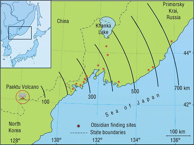 The chemical compositions of obsidian samples collected in a large area of the southern Primorsky Krai were close to natural glasses from Paektu Volcano, located at the boundary between China and North Korea, at a distance of 700 km from the sites where the artifacts were found. From (Popov et al., 2005)