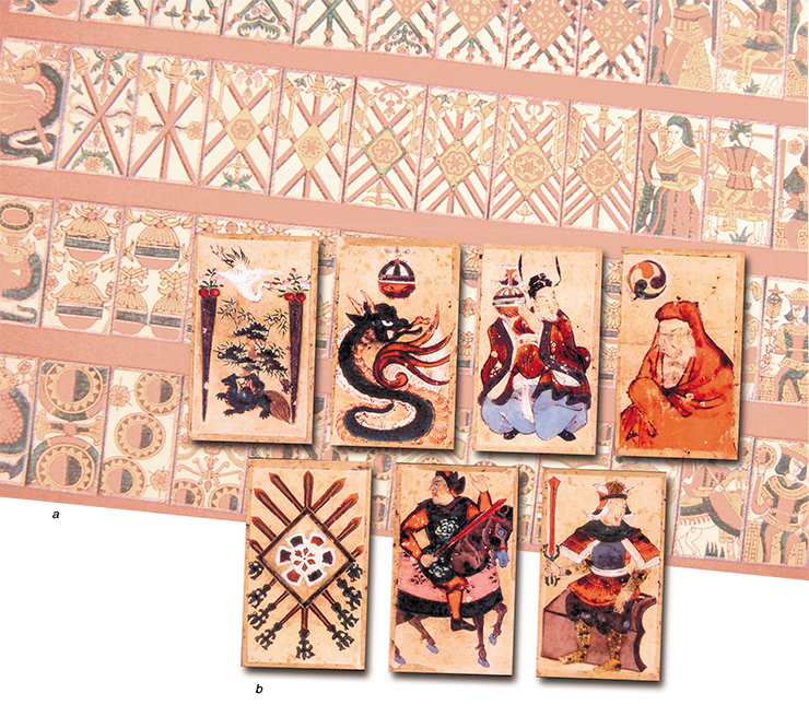 Paper cards of Japanese production. Suits and high rank cards are designated by symbols different from those of usual playing cards: a – Europeanized cards tenshyo (the middle of the 16th century), b – Japanized cards unsun (the end of the 16th century) Paper cards of Japanese production. Suits and high rank cards are designated by symbols different from those of usual playing cards: a – Europeanized cards tenshyo (the middle of the 16th century), b – Japanized cards unsun (the end of the 16th century)