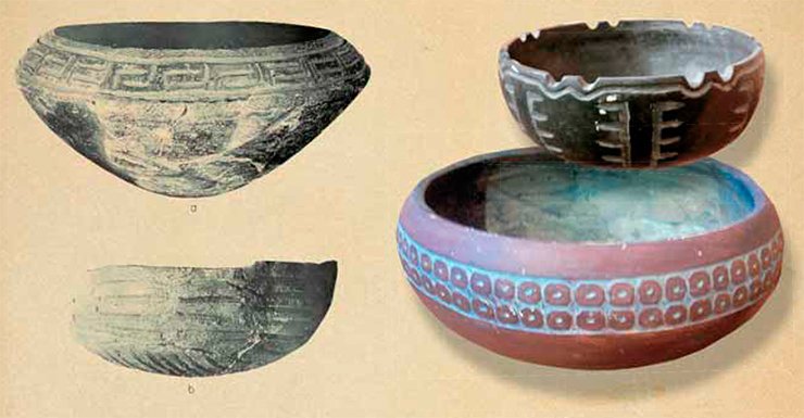 Below: Valdivia pottery, early period. Photo by the courtesy of A. Popov. Left: Jomon pottery. The jar shapes are characteristic of Valdivia culture. B. J. Meggers, C. Evans, and E. Estrada, Early Formative Period of Coastal Ecuador: The Valdivia and Machalilla Phases, Washington: Smithsonian Institution, 1965 Below: Valdivia pottery, early period. Photo by the courtesy of A. Popov. Left: Jomon pottery. The jar shapes are characteristic of Valdivia culture. B. J. Meggers, C. Evans, and E. Estrada, Early Formative Period of Coastal Ecuador: The Valdivia and Machalilla Phases, Washington: Smithsonian Institution, 1965