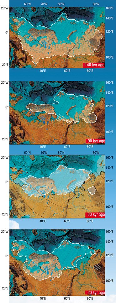 Fluctuations in the volume of ice in the last 140,000 years can be exemplified by the well-studied Kara-Scandinavian (Eurasian) Glacier, which periodically melted and grew very unevenly. Adapted from (Svendsen et al., 2004) Fluctuations in the volume of ice in the last 140,000 years can be exemplified by the well-studied Kara-Scandinavian (Eurasian) Glacier, which periodically melted and grew very unevenly. Adapted from (Svendsen et al., 2004)