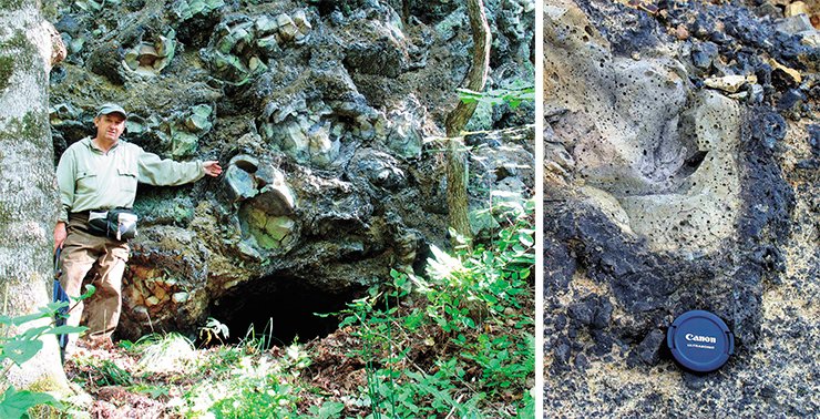 Left: the formation of the present drainage network on the Shkotovo plateau started after a large-scale eruption of blanket basalts 12–13 Ma BP. Erosion on river valley edges constantly exposes effused rocks (pillow lavas and hyaloclastites), the main provenance of basalt obsidians. These rocks form steep benches. On right: in the Amur region, the Uril–Mutnaya interfluve, the basaltic cover remains only on divide ridges. One of primary outcrops of pillow lavas and hyaloclastites was exposed by the construction of the Amur motor way