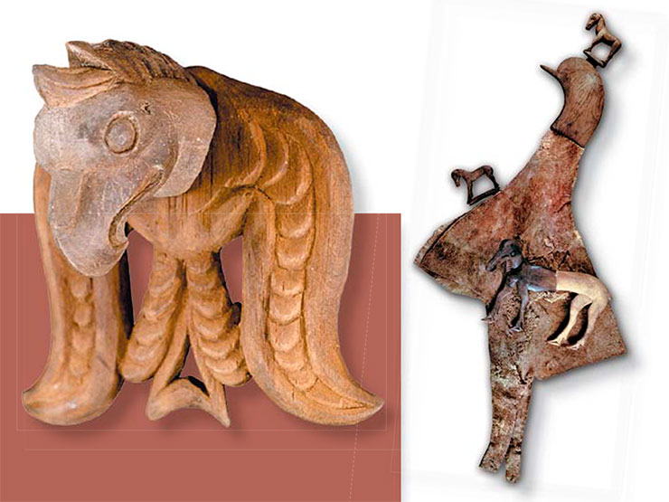 Gryphon, a horse harness decoration. Felt helmet. Ak-Alakha 1 mound 1