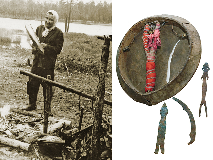A tambourine is one of the shaman’s main attributes, a means of communication with the spirits. Fastened below the tambourine’s handle are metal charms, “shaman’s helpers,” which chime the shaman’s message to the spirits. Berezovo Museum of Local Lore, Khanty Mansi Autonomous Okrug. Before performing a kamlaniye (shamanistic ritual), the shaman warms the tambourine so that the leather on the rim tautens and the sounds calling the kind and warding off the evil spirits become louder. Photo by V. M. Kulemzin (1972)