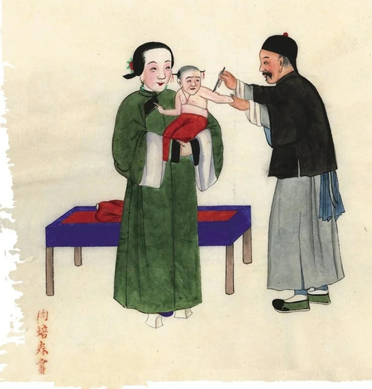 Китайская акварель «Прививка от оспы». Пекин, до 1904 г. Худ. Чжоу Пэй-чунь. Коллекция МАЭ (Кунсткамера) РАН (Санкт-Петербург) Китайская акварель «Прививка от оспы». Пекин, до 1904 г. Худ. Чжоу Пэй-чунь. Коллекция МАЭ (Кунсткамера) РАН (Санкт-Петербург)