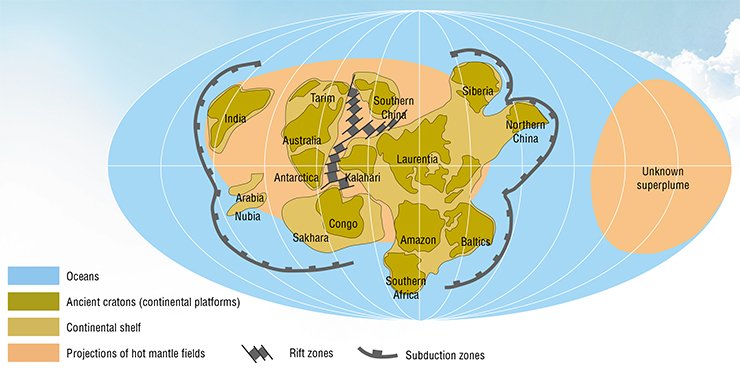 Reconstruction of the Rodinia plume responsible for the Rodinia breakup. After Rodinia’s breakup into smaller continents (including Siberia), they must have moved within the perimeter of the Late Riphean Ocean and could fall under the influence of another superplume. It could be located in the area opposite to Rodinia (in analogy to Pangea). The latter broke up as a result of the Pangean (African) superplume, though at that time an antipodal Paleo-Pacific plume existed, whose surface expressions are widely known as a system of hot spots (Hawaii, Line) and the Cretaceous lava plateau (for example, Ontong-Java). From: (Li, Zhong, 2009) Reconstruction of the Rodinia plume responsible for the Rodinia breakup. After Rodinia’s breakup into smaller continents (including Siberia), they must have moved within the perimeter of the Late Riphean Ocean and could fall under the influence of another superplume. It could be located in the area opposite to Rodinia (in analogy to Pangea). The latter broke up as a result of the Pangean (African) superplume, though at that time an antipodal Paleo-Pacific plume existed, whose surface expressions are widely known as a system of hot spots (Hawaii, Line) and the Cretaceous lava plateau (for example, Ontong-Java). From: (Li, Zhong, 2009)