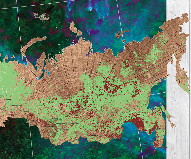 The map shows the forest areas (marked in red) damaged by wildfires in the Asian part of Russia in 2012–2019. One should bear in mind that low-intensity ground fires, especially in flame-resistant pine and larch forests, usually cause no substantial destruction of forest stands. The real magnitude of the wildfires impact can only be assessed by analyzing time series of satellite images. The map was compiled on the basis of satellite monitoring data (Sukachev Forest Institute, SB RAS, Krasnoyarsk) The map shows the forest areas (marked in red) damaged by wildfires in the Asian part of Russia in 2012–2019. One should bear in mind that low-intensity ground fires, especially in flame-resistant pine and larch forests, usually cause no substantial destruction of forest stands. The real magnitude of the wildfires impact can only be assessed by analyzing time series of satellite images. The map was compiled on the basis of satellite monitoring data (Sukachev Forest Institute, SB RAS, Krasnoyarsk)