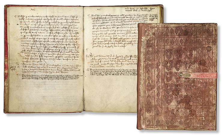 Памятная книга (и один из ее разворотов) городского совета Любека (Liber Memorialis, 1318 г.– серед. XVI в.) объемом 57 листов пергамена в оригинальном отреставрированном переплете Памятная книга (и один из ее разворотов) городского совета Любека (Liber Memorialis, 1318 г.– серед. XVI в.) объемом 57 листов пергамена в оригинальном отреставрированном переплете