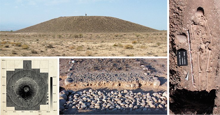 Top: Kurgan 1 of the Žoan Tobe burial grounds. Southeastern Land of Seven Rivers. View from the east. Bottom: a ritual road around the kurgan (eastern sector). Photo by R. Boroffka. Left: Magneto-gram of kurgan 1 of the Žoan Tobe burial grounds and the periphery, 2008. The size of the square is 40×40 m. The North from above. Greyscale dynamics is ± 40 Nanotesla from black to white. Magnetic prospecting was done by J. Fassbinder and T. Gorka. On right: Human skeleton and sculp from a small Early Turkic kurgan at the foot of the large Saka kurgan 1 of the Žoan Tobe burial grounds. Photo by R. Boroffka Top: Kurgan 1 of the Žoan Tobe burial grounds. Southeastern Land of Seven Rivers. View from the east. Bottom: a ritual road around the kurgan (eastern sector). Photo by R. Boroffka. Left: Magneto-gram of kurgan 1 of the Žoan Tobe burial grounds and the periphery, 2008. The size of the square is 40×40 m. The North from above. Greyscale dynamics is ± 40 Nanotesla from black to white. Magnetic prospecting was done by J. Fassbinder and T. Gorka. On right: Human skeleton and sculp from a small Early Turkic kurgan at the foot of the large Saka kurgan 1 of the Žoan Tobe burial grounds. Photo by R. Boroffka