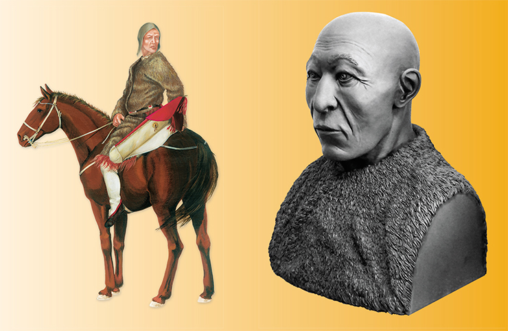 Пазырыкский всадник. Курган 1 могильника Верх-Кальджин-2. Мужчина из кургана 5 могильника Ак-Алаха-5. Реконструкция Д. Позднякова