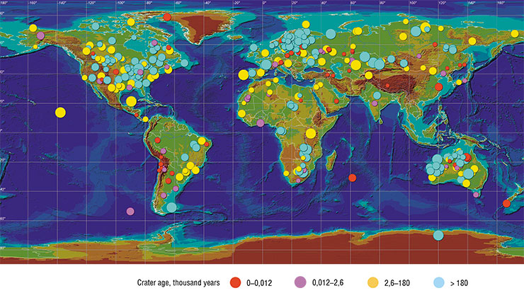 Map showing the locations of 362 impact craters with a high validity index from the Expert Database on Earth Impact Structures (EDEIS, 2021), maintained by the Tsunami Laboratory of the Institute of Computational Mathematics and Mathematical Geophysics, Siberian Branch, Russian Academy of Sciences (Novosibirsk). As of today, the EDEIS contains information on 1190 impact structures. The size of colored circles is proportional to the crater diameter