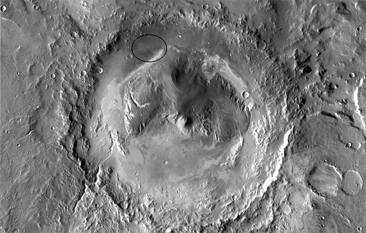 The ancient Martian crater Gale, 154 km in diameter, near the equator in the eastern hemisphere of Mars. Image from Mars Odyssey Orbiter, 2001. Credit: NASA/JPL-Caltech/Arizona State University The ancient Martian crater Gale, 154 km in diameter, near the equator in the eastern hemisphere of Mars. Image from Mars Odyssey Orbiter, 2001. Credit: NASA/JPL-Caltech/Arizona State University