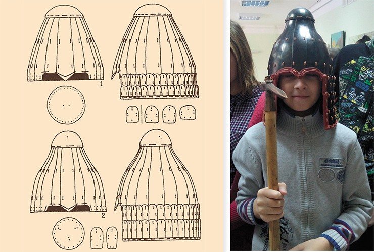 Helmet from the Laoheshen burial (China). Drawing by V. Gorbunov. Adapted from: (Gorbunov, 2005). Photo by A. Gribakin