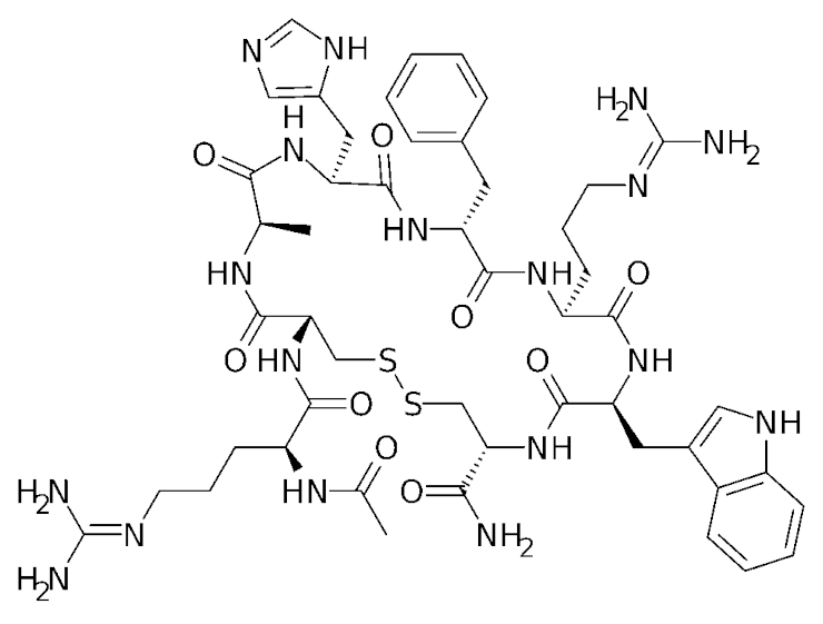 Химическая структура сетмеланотида – агониста рецепторов меланокортина-4 (MC4R), который обычно используется для лечения людей с редкой мутацией в гене POMC. Public Domain Химическая структура сетмеланотида – агониста рецепторов меланокортина-4 (MC4R), который обычно используется для лечения людей с редкой мутацией в гене POMC. Public Domain