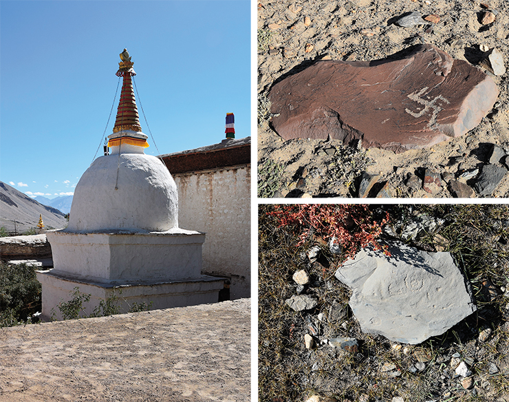 Kanishka chorten on the territory of the Sani Monastery. Zanskar. Akshow petroglyphs (right). Among the more modern signs, one can notice individual symbols—swastikas, the Sun, and the Moon—which have no patina and stand out clearly by their lighter color on the dark patinated surfaces of the stones. Zanskar, 2019 Kanishka chorten on the territory of the Sani Monastery. Zanskar. Akshow petroglyphs (right). Among the more modern signs, one can notice individual symbols—swastikas, the Sun, and the Moon—which have no patina and stand out clearly by their lighter color on the dark patinated surfaces of the stones. Zanskar, 2019