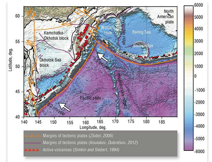 The map shows the main tectonic features of the Kurilo-Kamchatkan and Aleutian regions, with an emphasis on deep oceanic trenches, where the Pacific plate, moving at a speed of 7.5-8.2 cm per year, begins its descent beneath the Kamchatka peninsula, the Kurils and the Aleutian islands