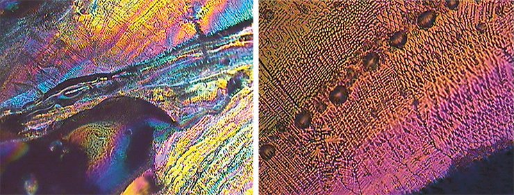 Surface of the iron-based metallic glass after electron beam melting in the optical polarizing microscope at different magnification. Optical polarization microscopy Surface of the iron-based metallic glass after electron beam melting in the optical polarizing microscope at different magnification. Optical polarization microscopy
